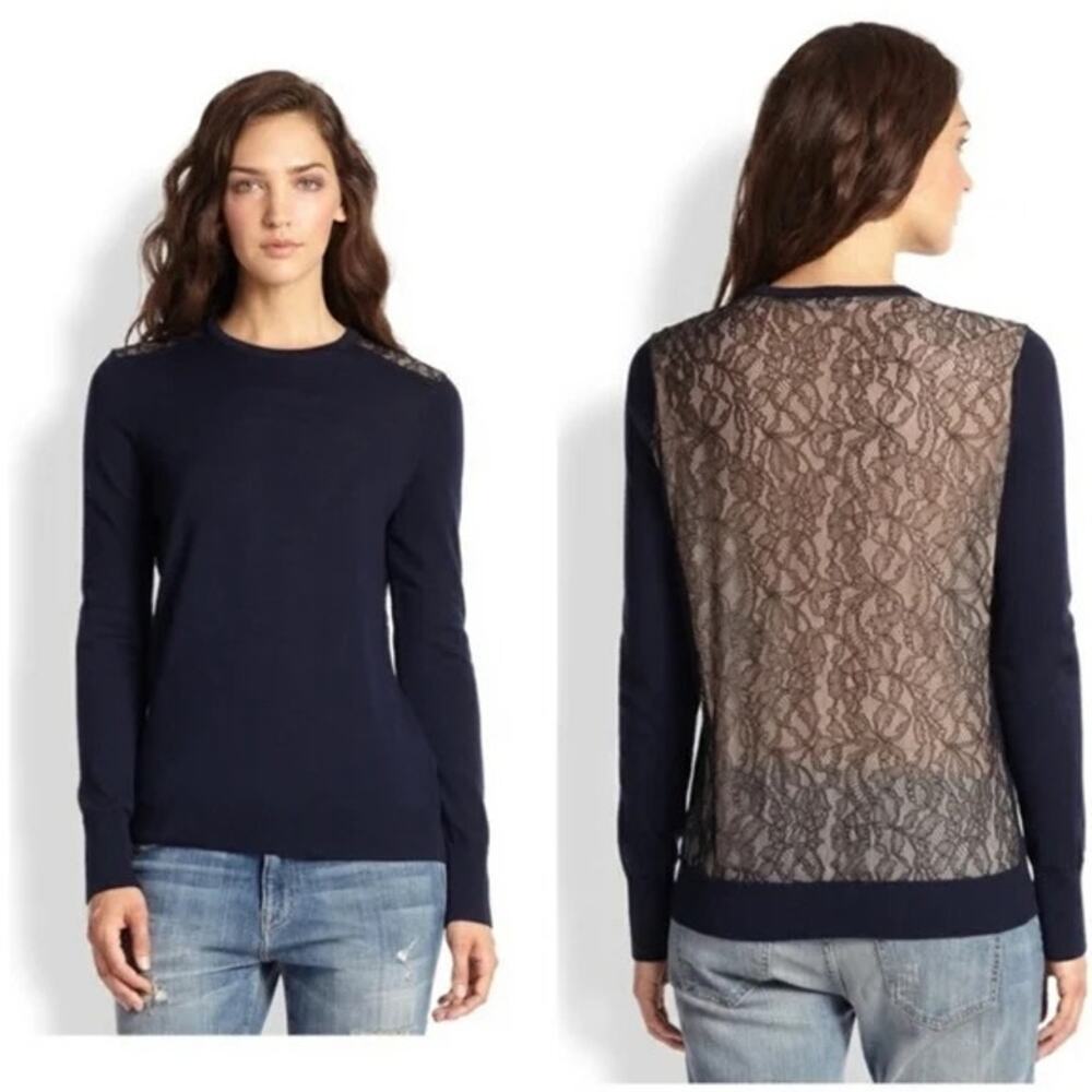 Equipment Femme Wool Sweater Pearl Lace Back Sweater Navy Blue